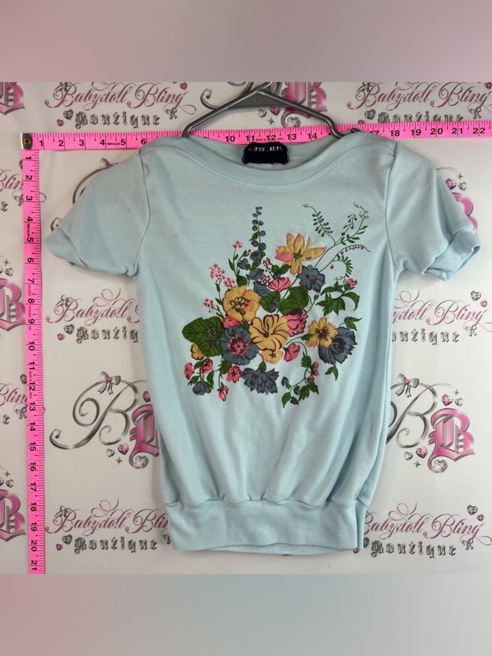 Cross roads shirt tee Light Blue Floral Short Sleeve Tee with Gathered Hem
